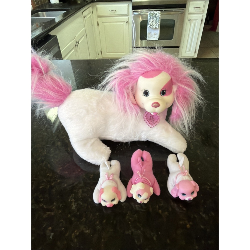 Puppy Surprise White Pink Dog w/ 3 Puppies Plush Necklace Stuffed Animal Dog